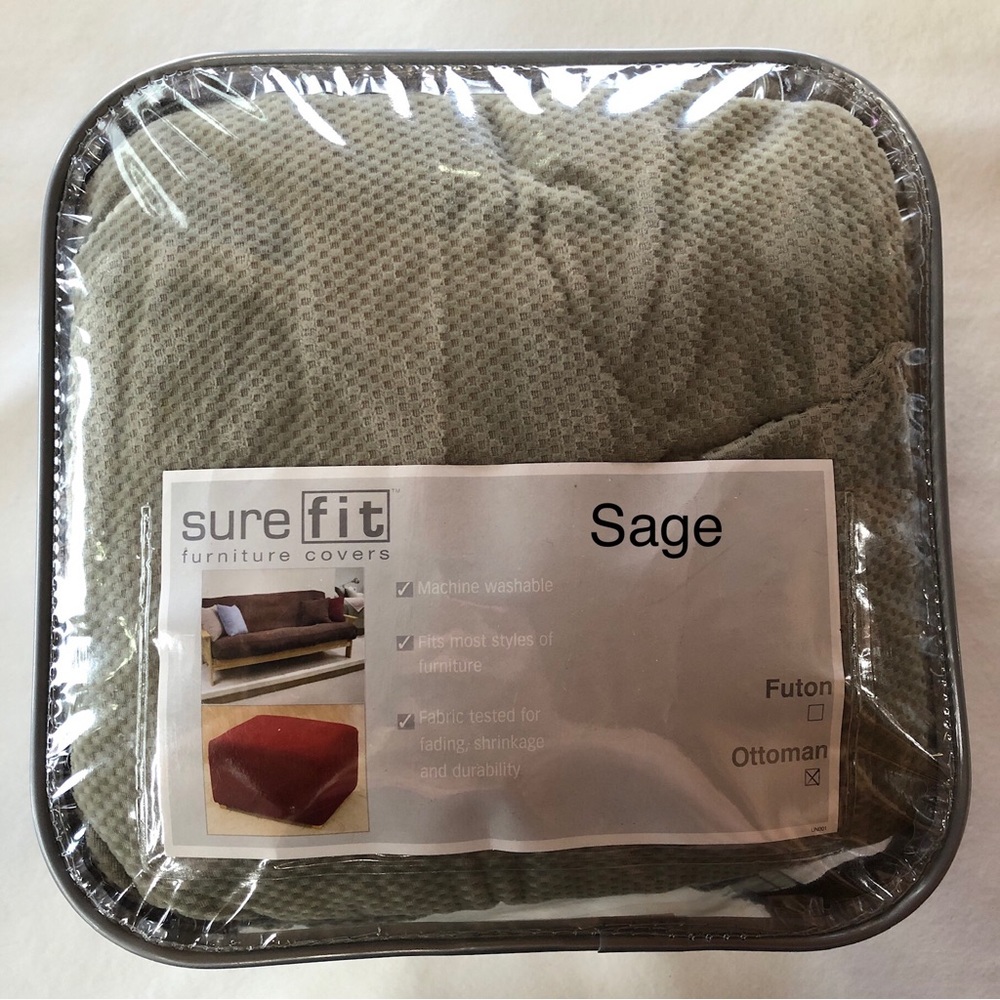 SURE FIT Sage Green Stretch Pique Chair (T-Cushion) and Ottoman Slipcovers NWOT - Picture 5 of 15